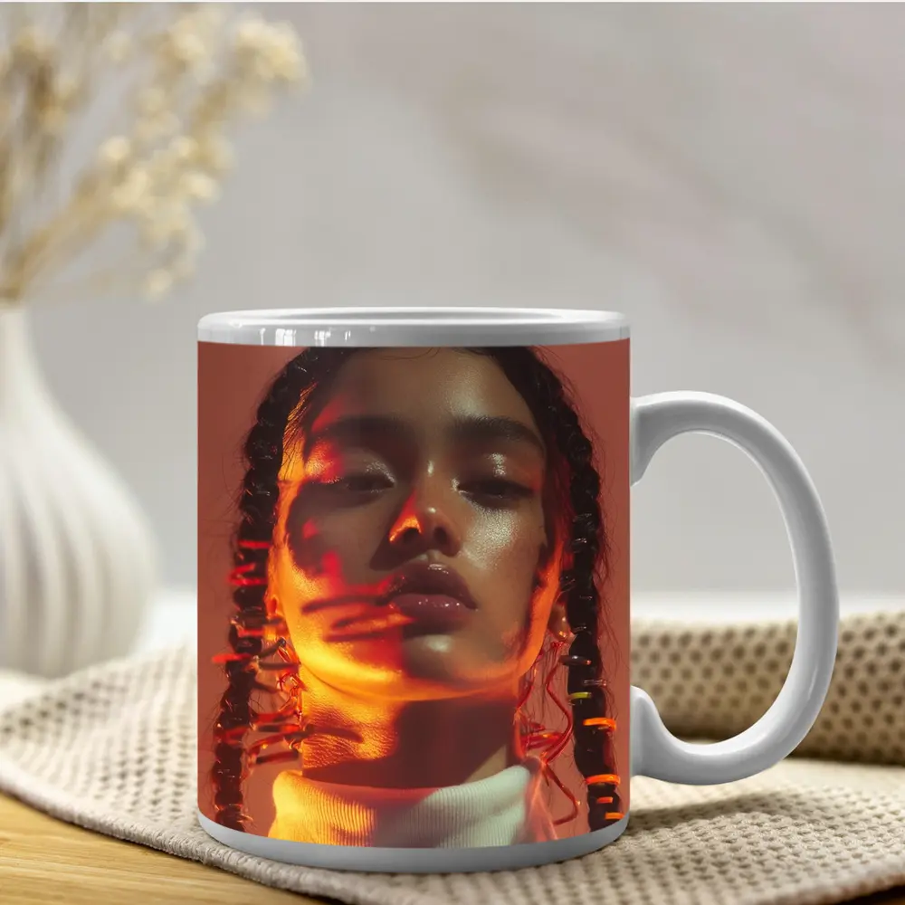 Young Woman Braids Warm Orange Glow Portrait – Mugs