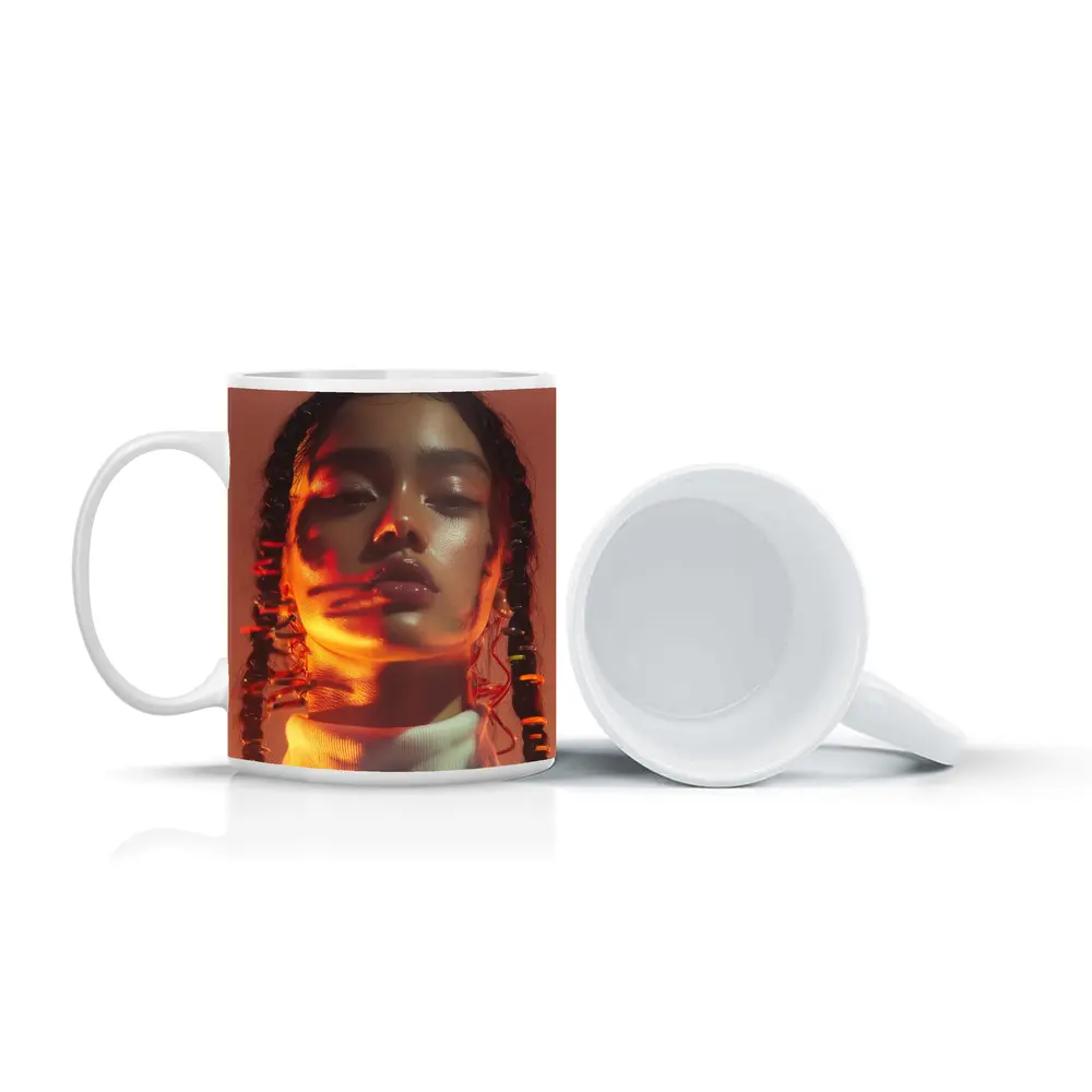 Young Woman Braids Warm Orange Glow Portrait – Mugs