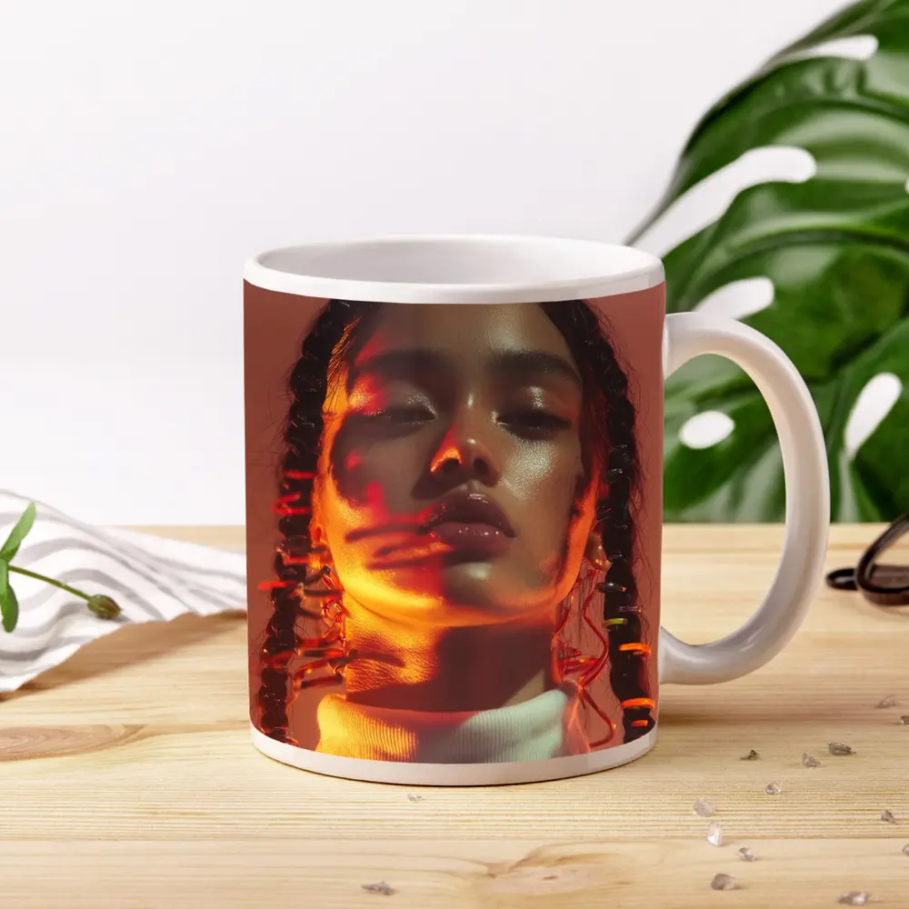 Young Woman Braids Warm Orange Glow Portrait – Mugs