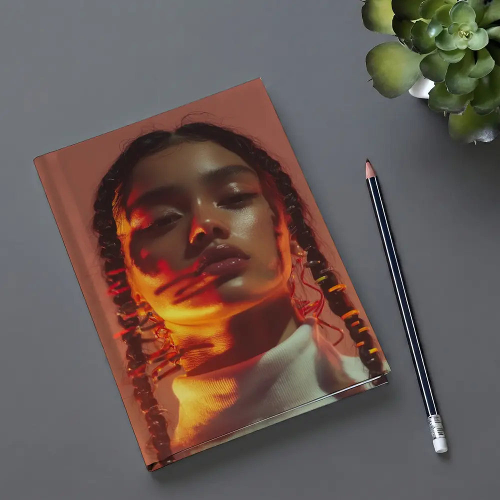 Young Woman Braids Warm Orange Glow Portrait – Notebooks