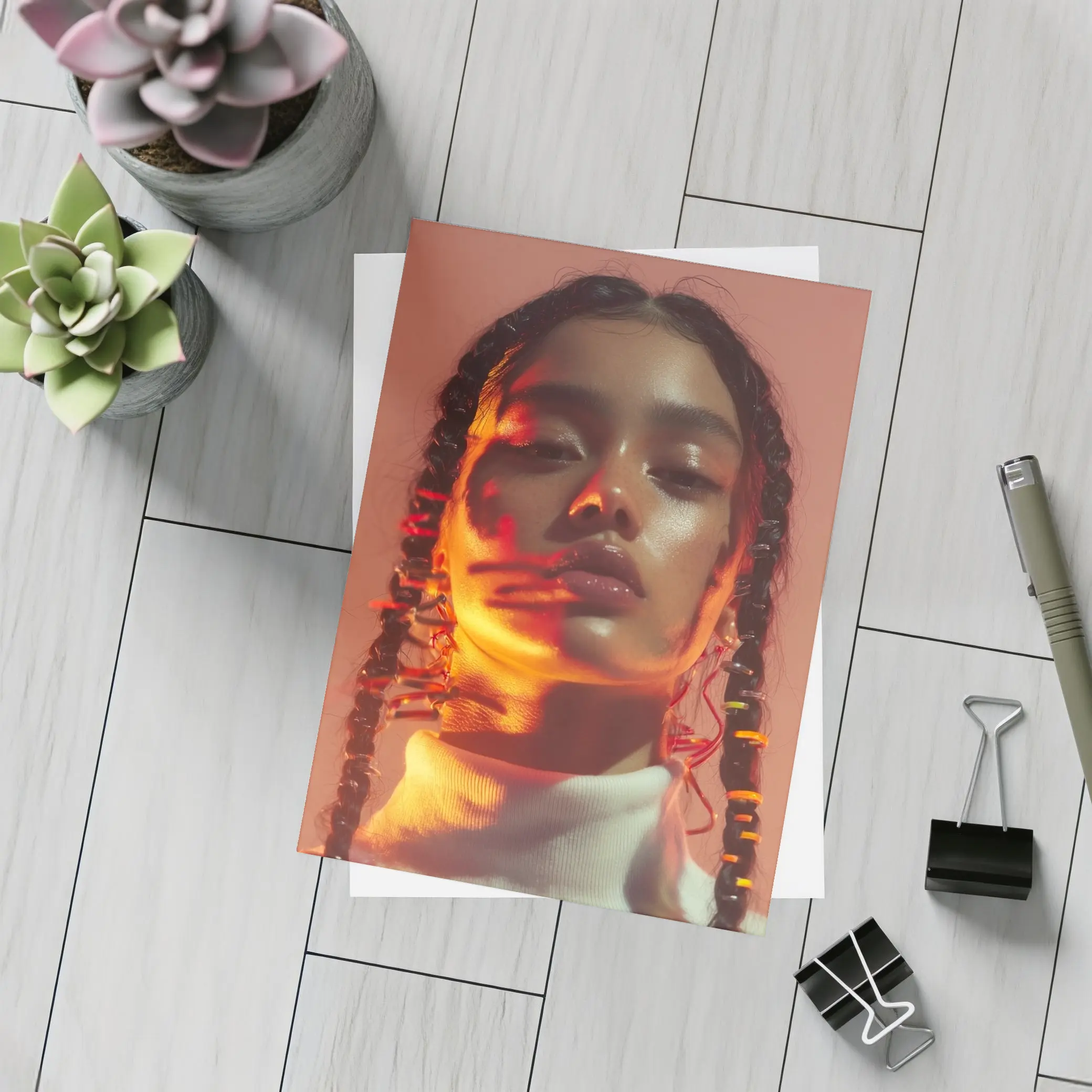 Young Woman Braids Warm Orange Glow Portrait – Postcards