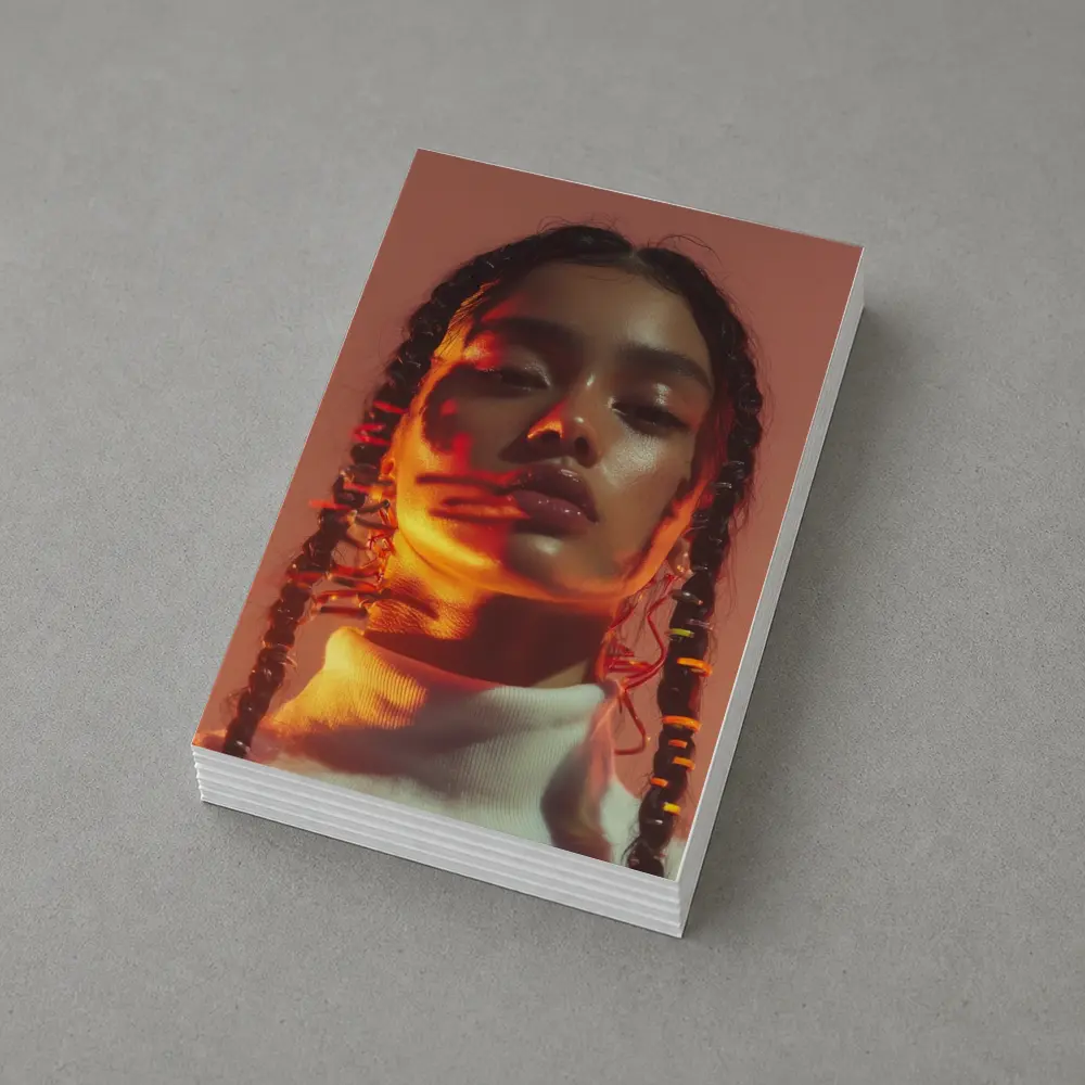 Young Woman Braids Warm Orange Glow Portrait – Postcards