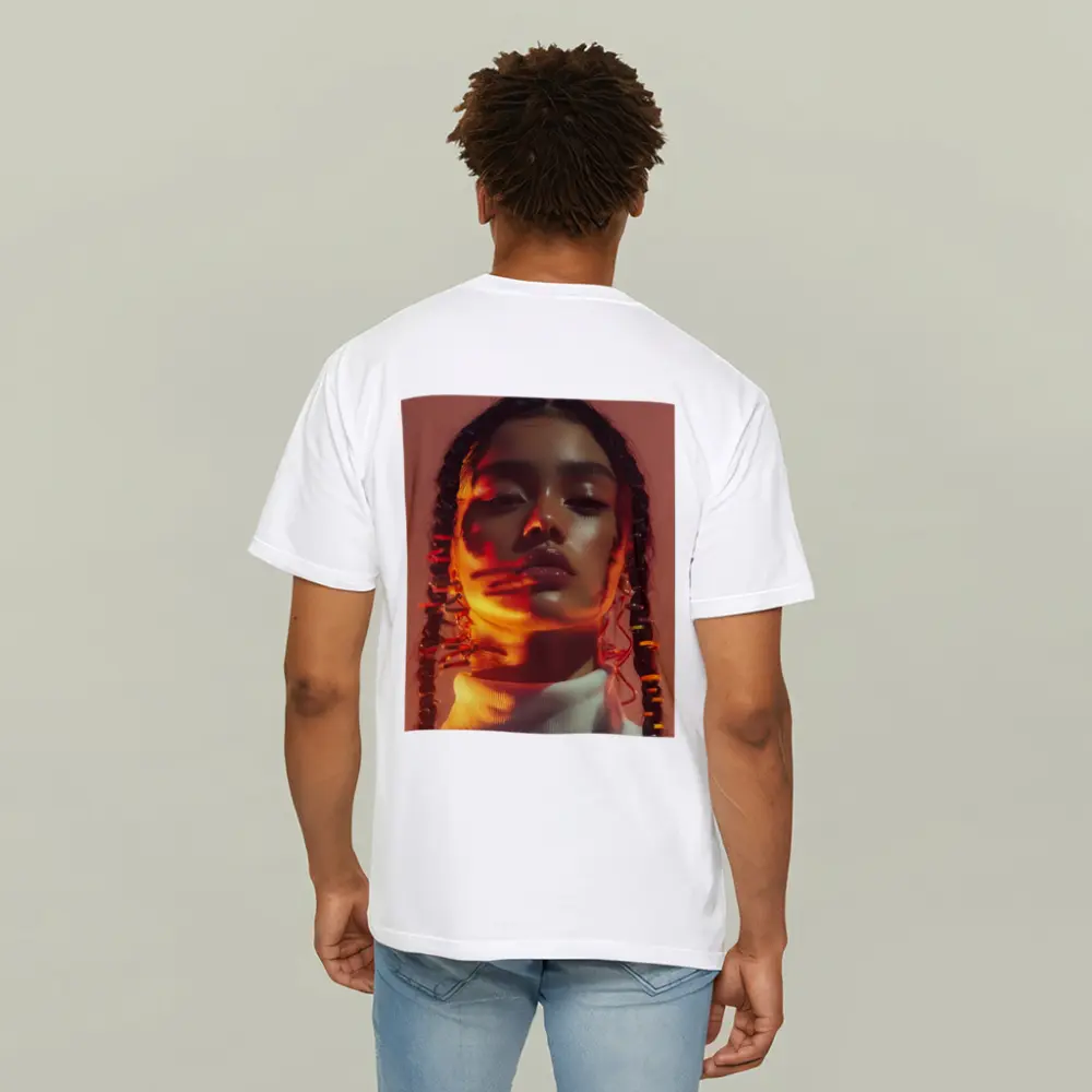 Young Woman Braids Warm Orange Glow Portrait – T-Shirts