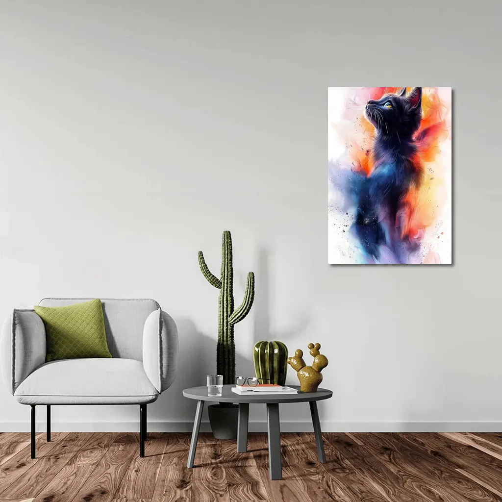 Black Cat Watercolor Abstract Colorful Splash Art – Wall Art