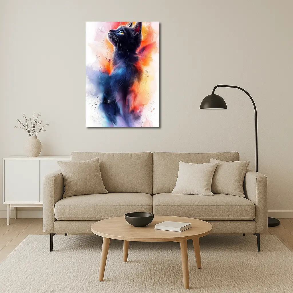 Black Cat Watercolor Abstract Colorful Splash Art – Wall Art