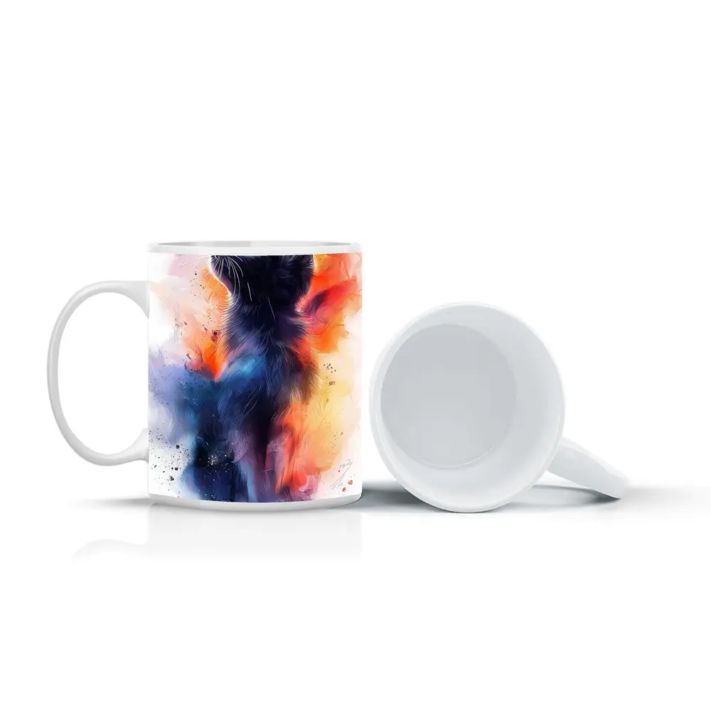 Black Cat Watercolor Abstract Colorful Splash Art – Mugs