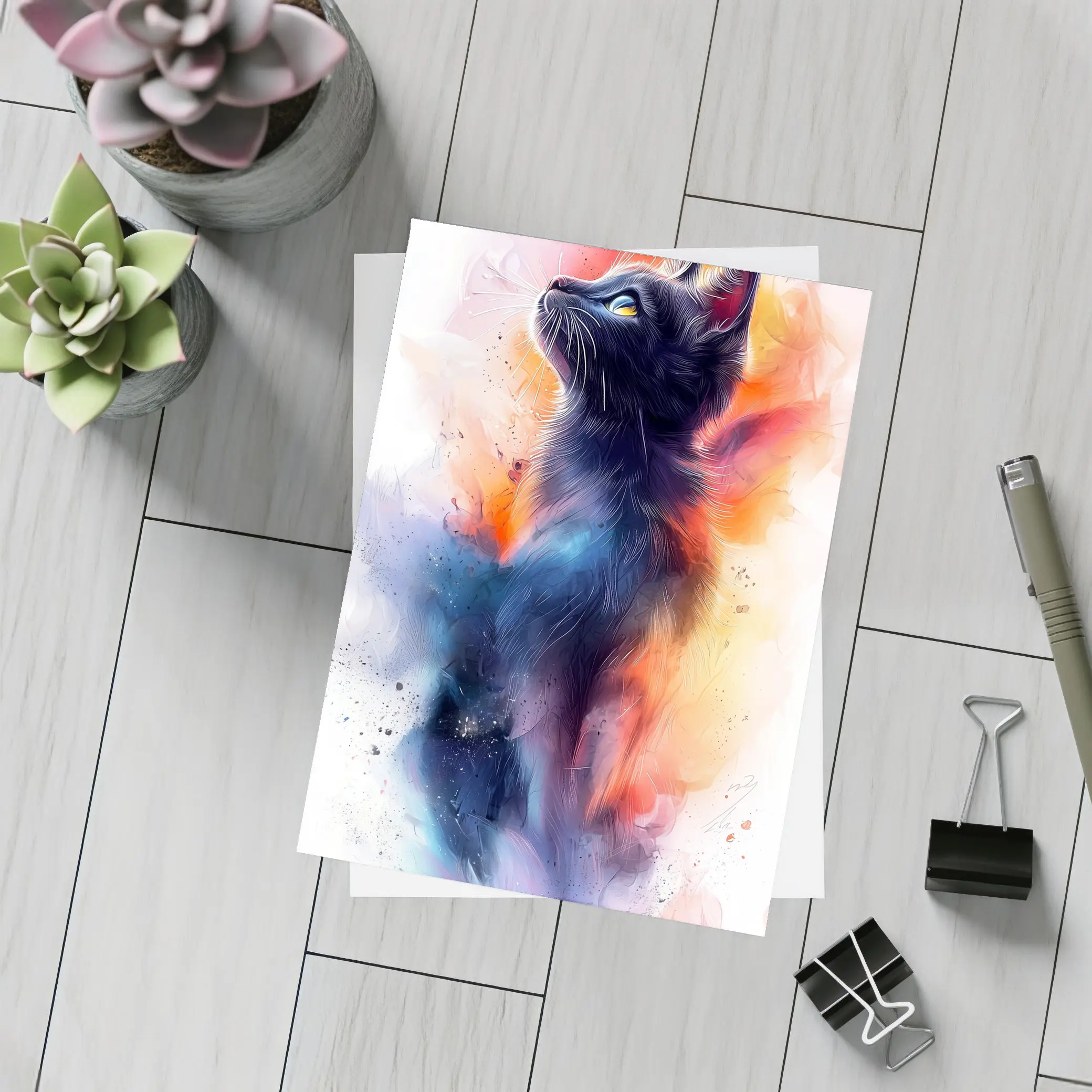 Black Cat Watercolor Abstract Colorful Splash Art – Postcards