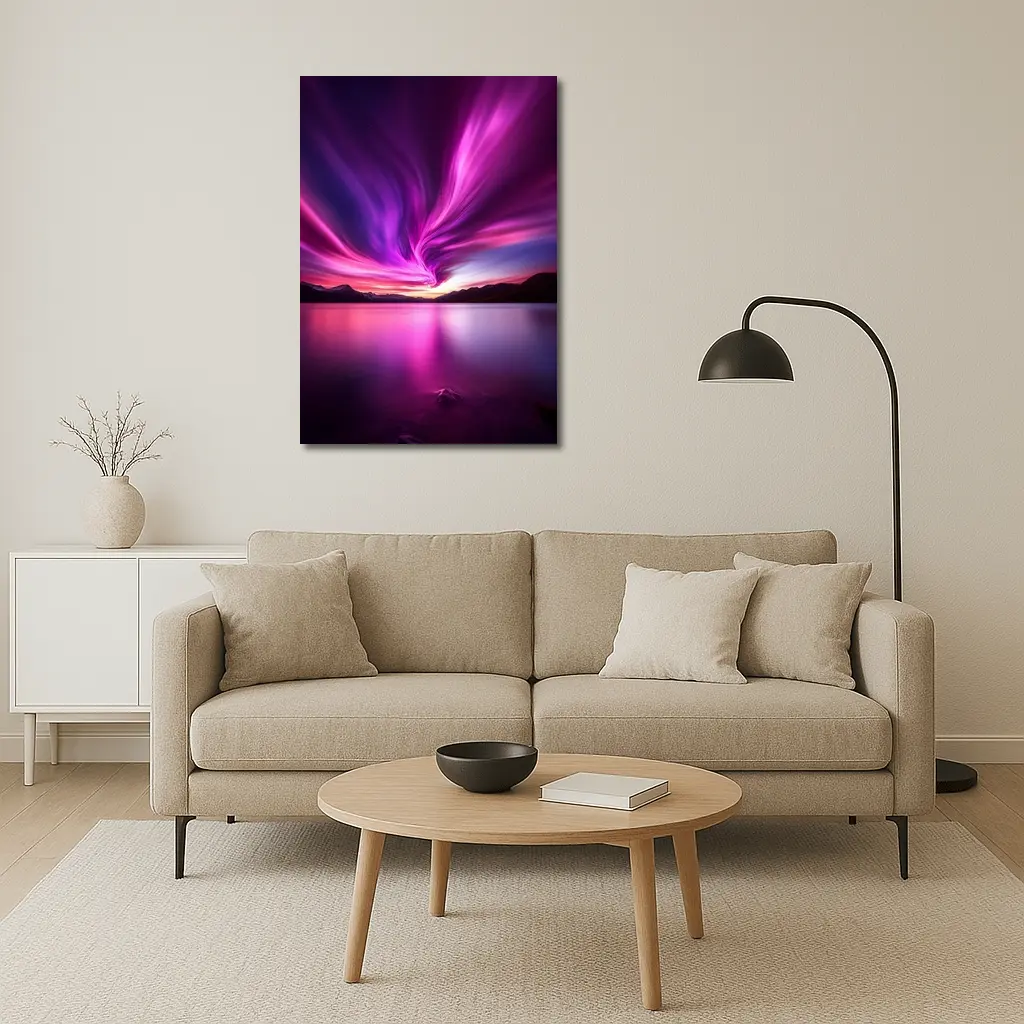 Pink Purple Aurora Borealis Over Mountain Lake – Wall Art