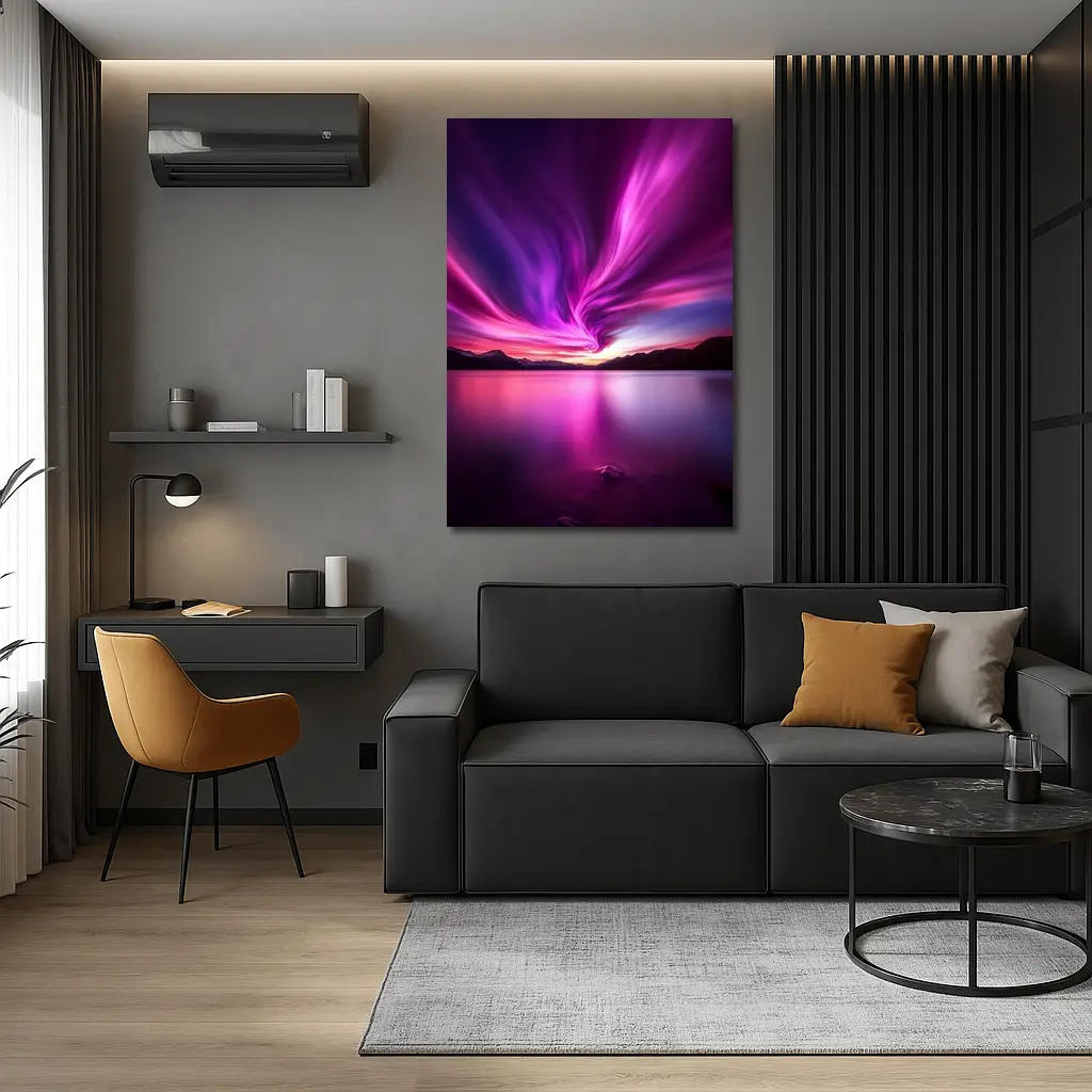 Pink Purple Aurora Borealis Over Mountain Lake – Wall Art