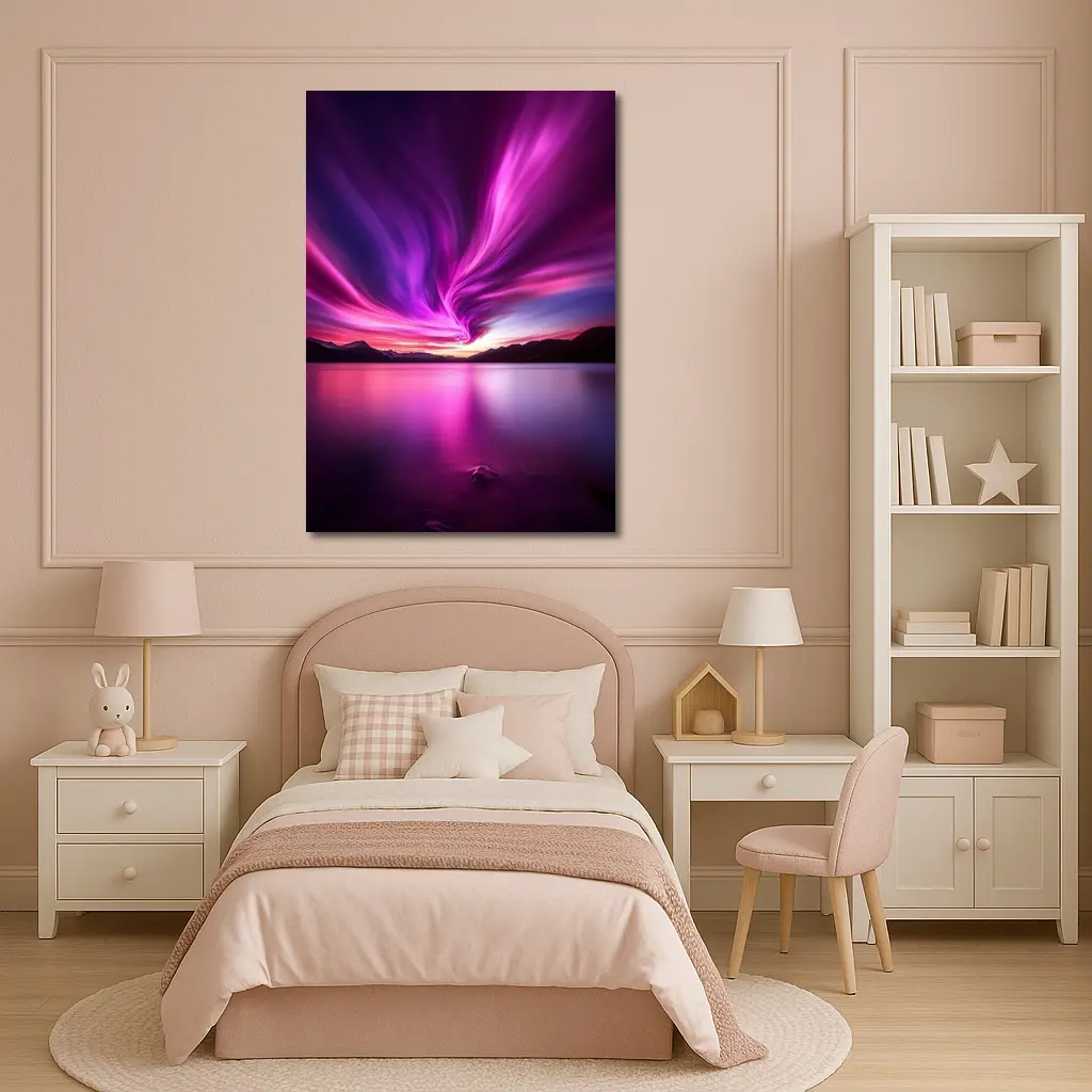 Pink Purple Aurora Borealis Over Mountain Lake – Wall Art
