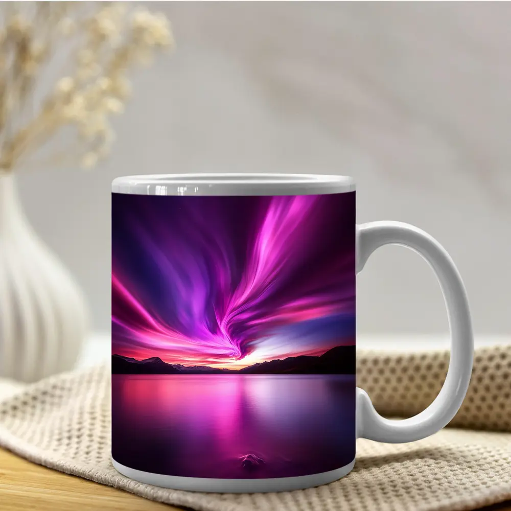 Pink Purple Aurora Borealis Over Mountain Lake – Mugs