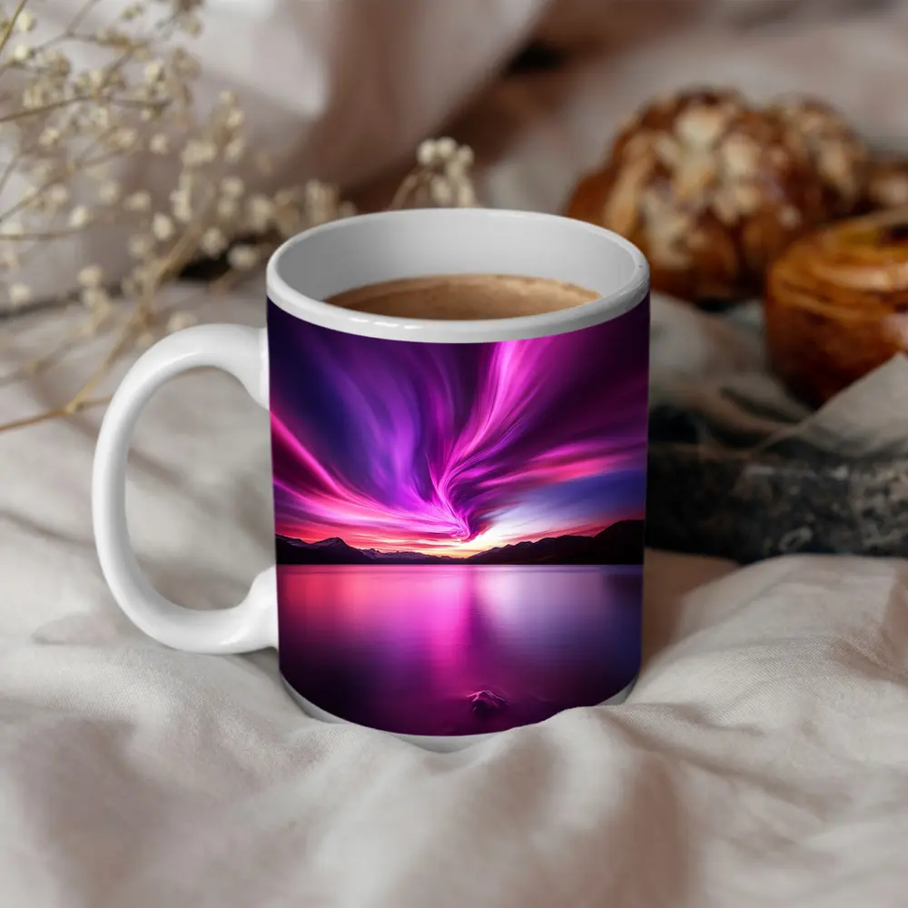 Pink Purple Aurora Borealis Over Mountain Lake – Mugs