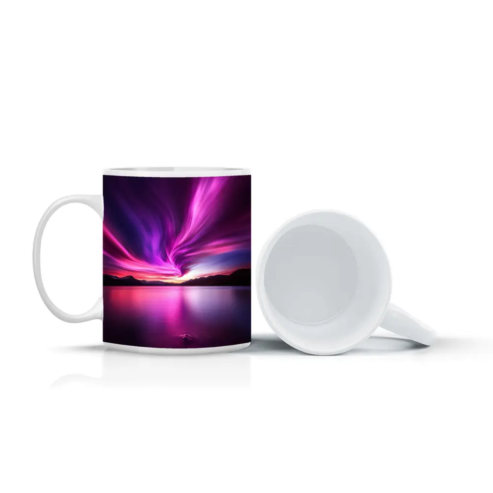 Pink Purple Aurora Borealis Over Mountain Lake – Mugs