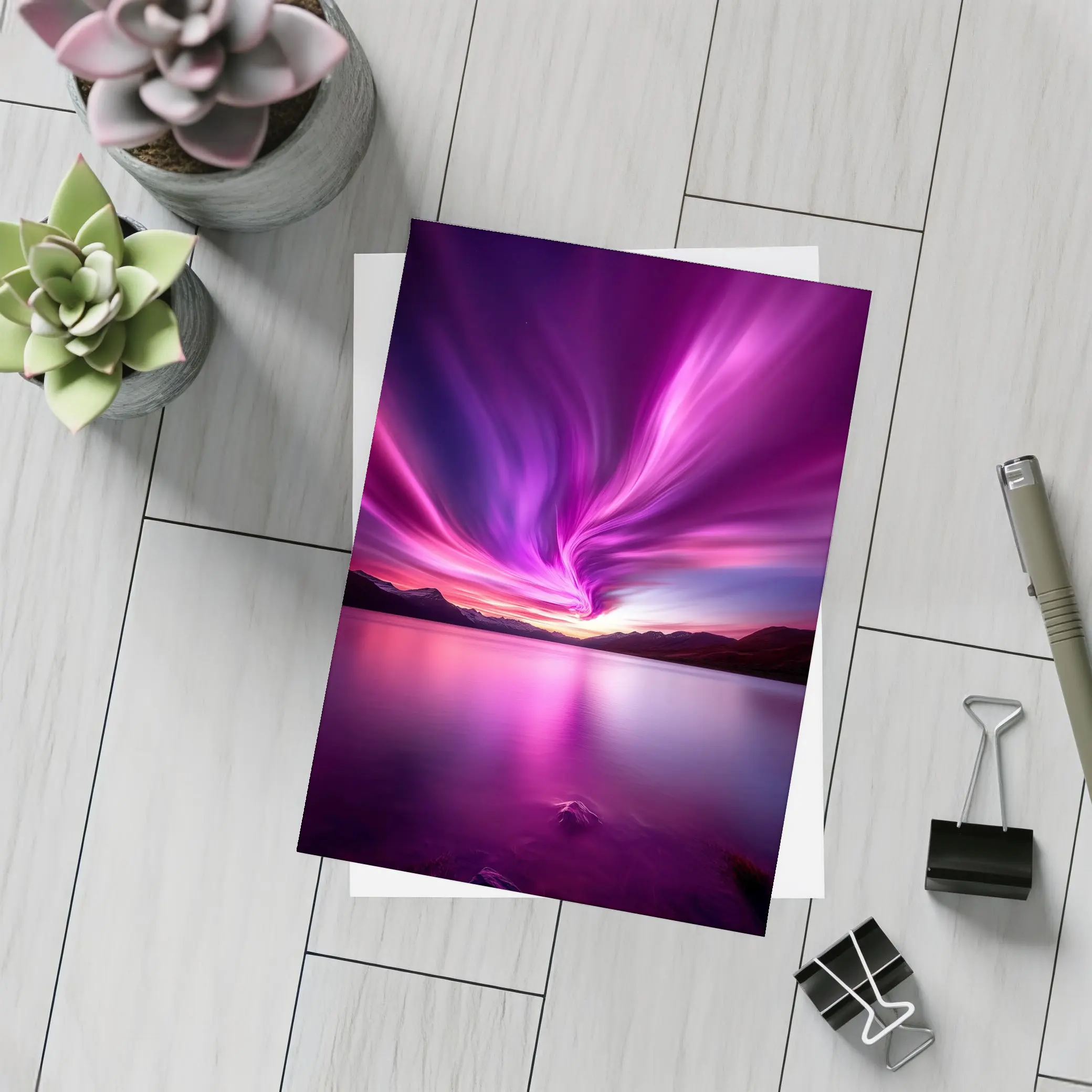 Pink Purple Aurora Borealis Over Mountain Lake – Postcards