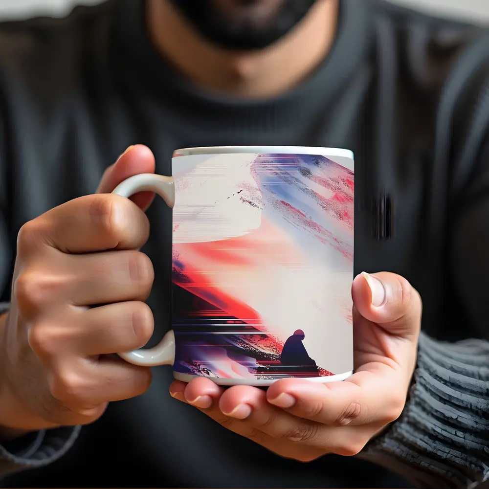 Lone Figure Glitch Art Mountain Abstract – Mugs