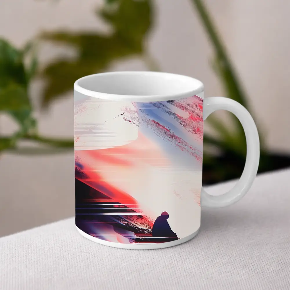 Lone Figure Glitch Art Mountain Abstract – Mugs