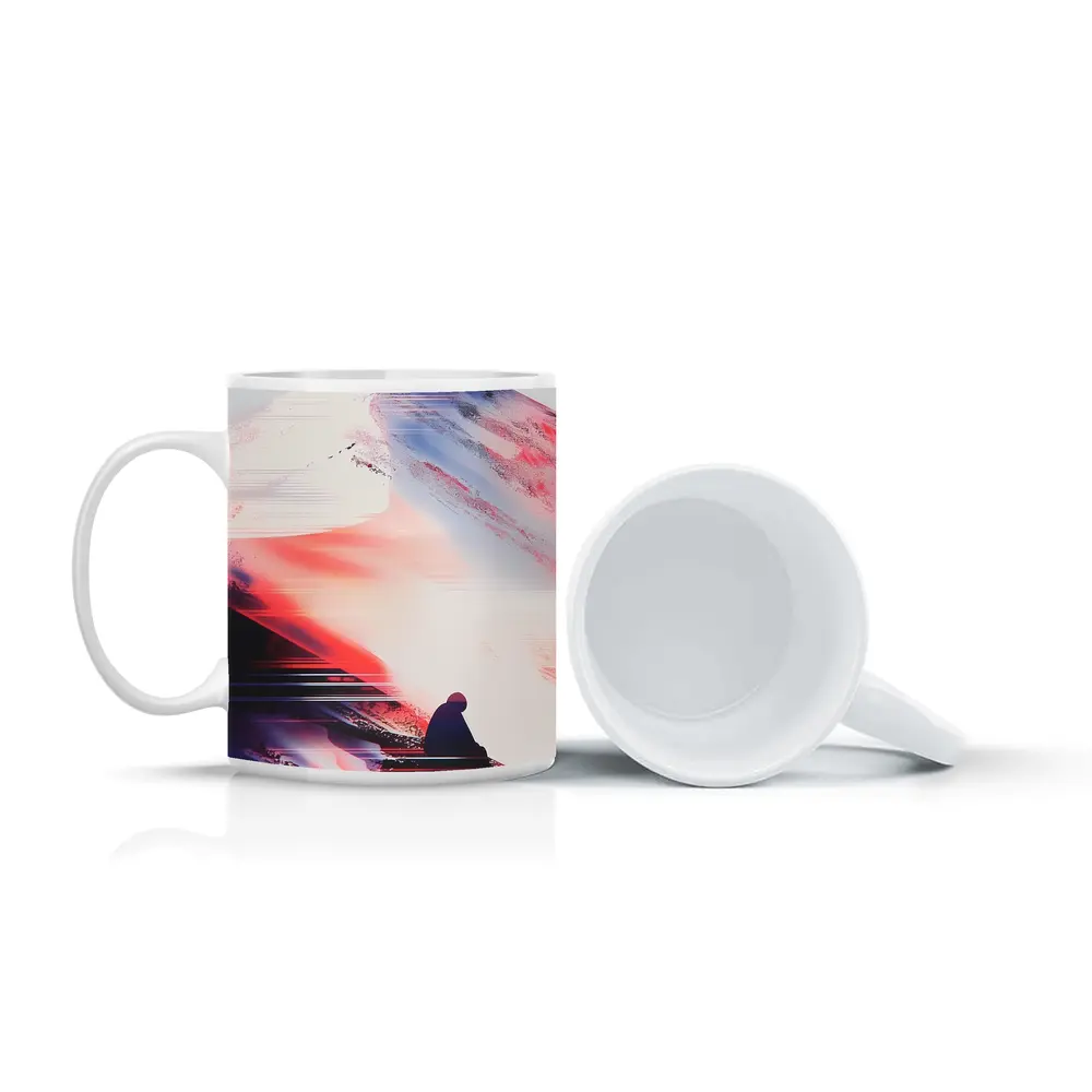 Lone Figure Glitch Art Mountain Abstract – Mugs