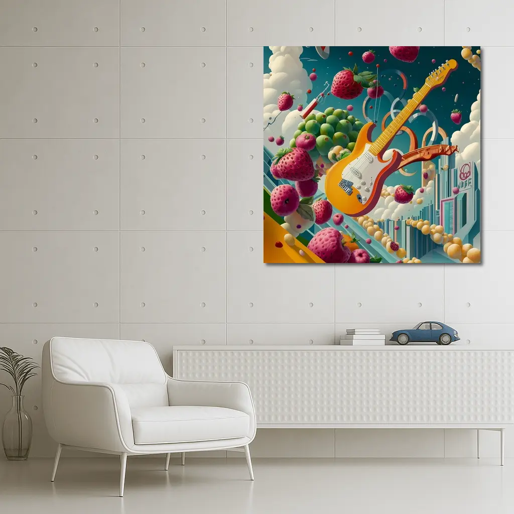 Electric Guitar Floating Surreal Fruit Cityscape – Wall Art