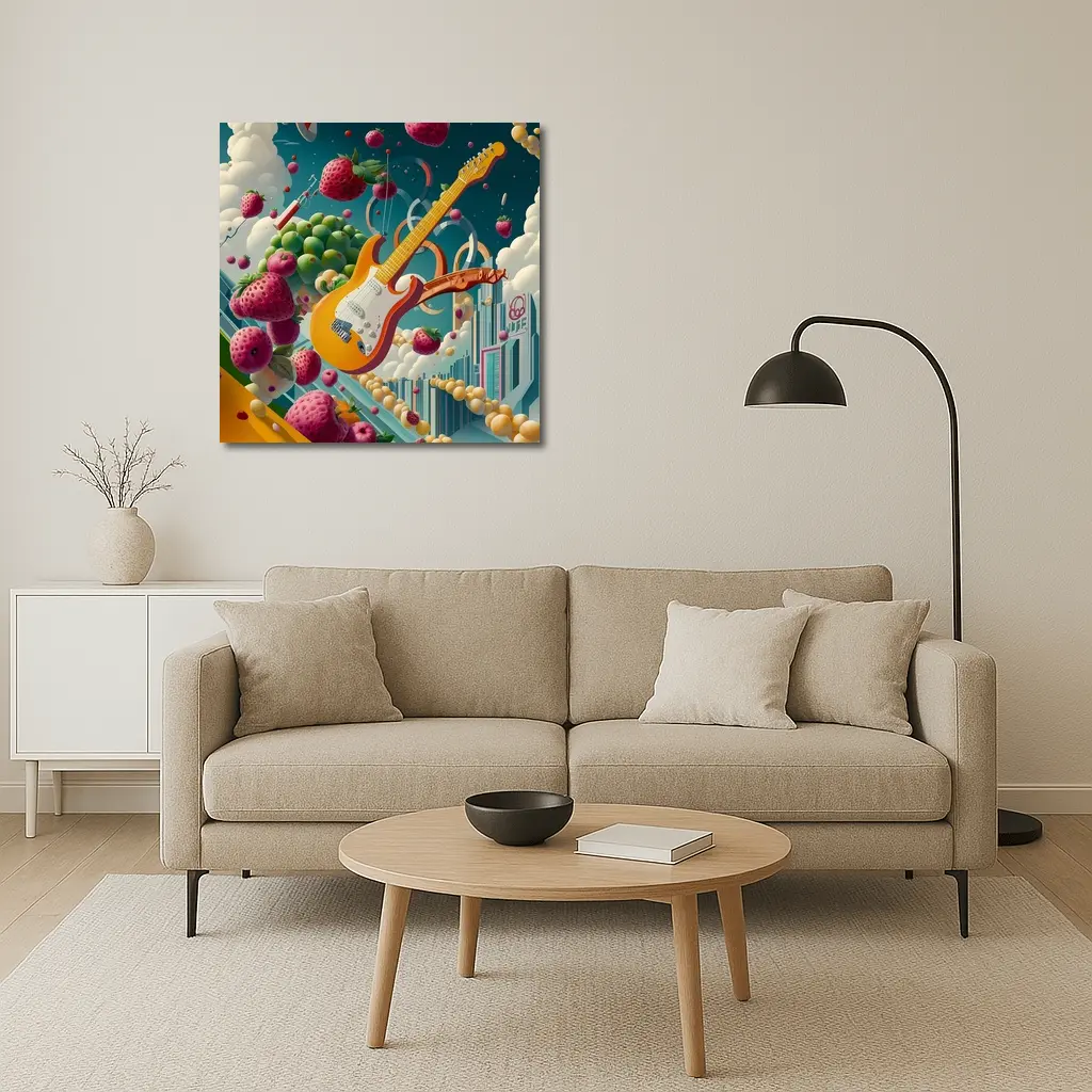 Electric Guitar Floating Surreal Fruit Cityscape – Wall Art