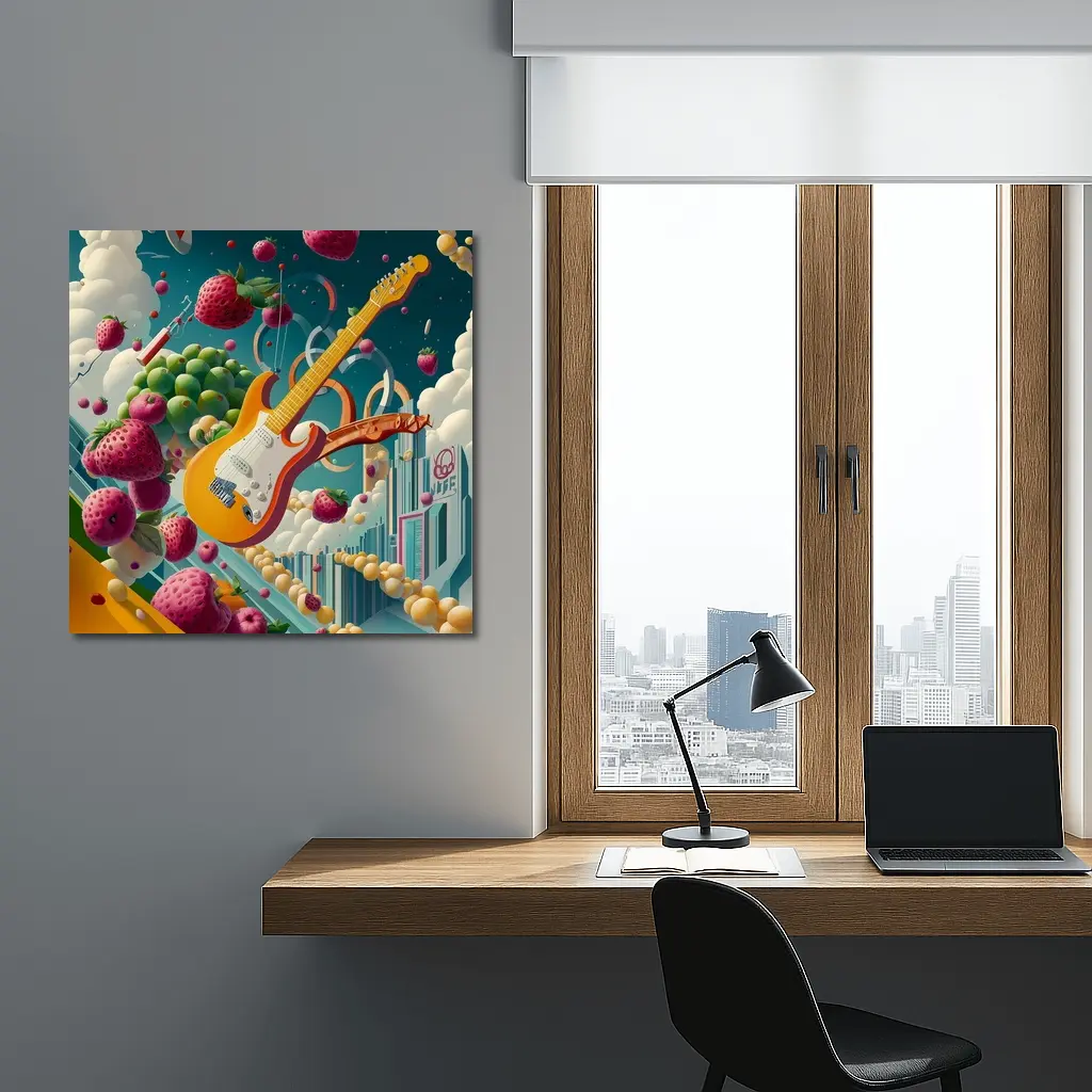Electric Guitar Floating Surreal Fruit Cityscape – Wall Art