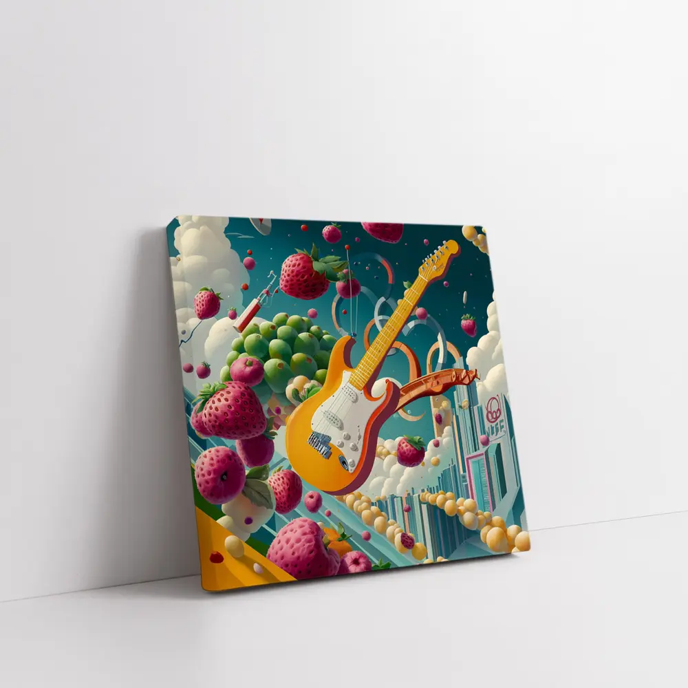 Electric Guitar Floating Surreal Fruit Cityscape – Wall Art