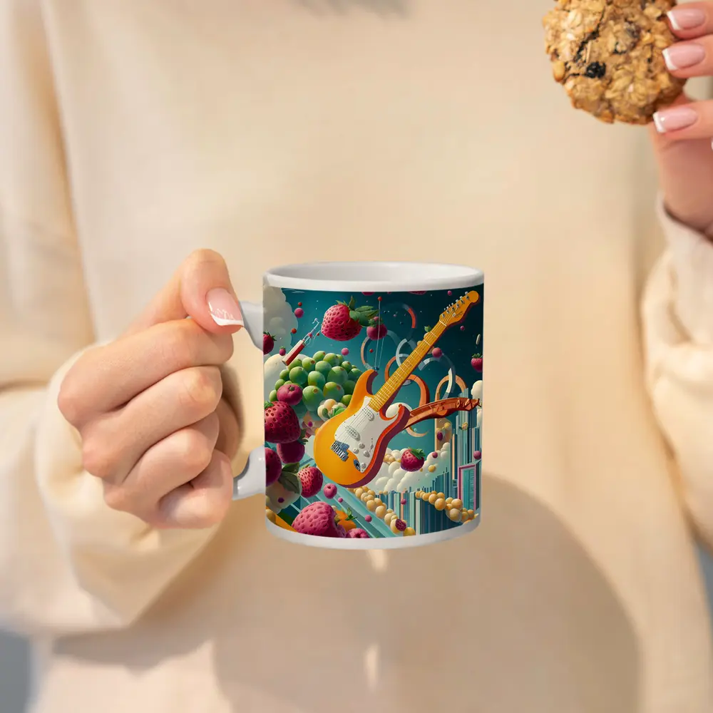 Electric Guitar Floating Surreal Fruit Cityscape – Mugs