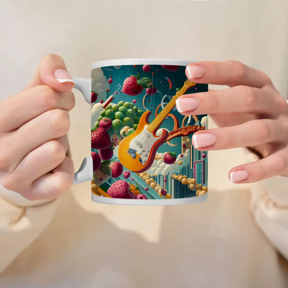 Electric Guitar Floating Surreal Fruit Cityscape – Mugs