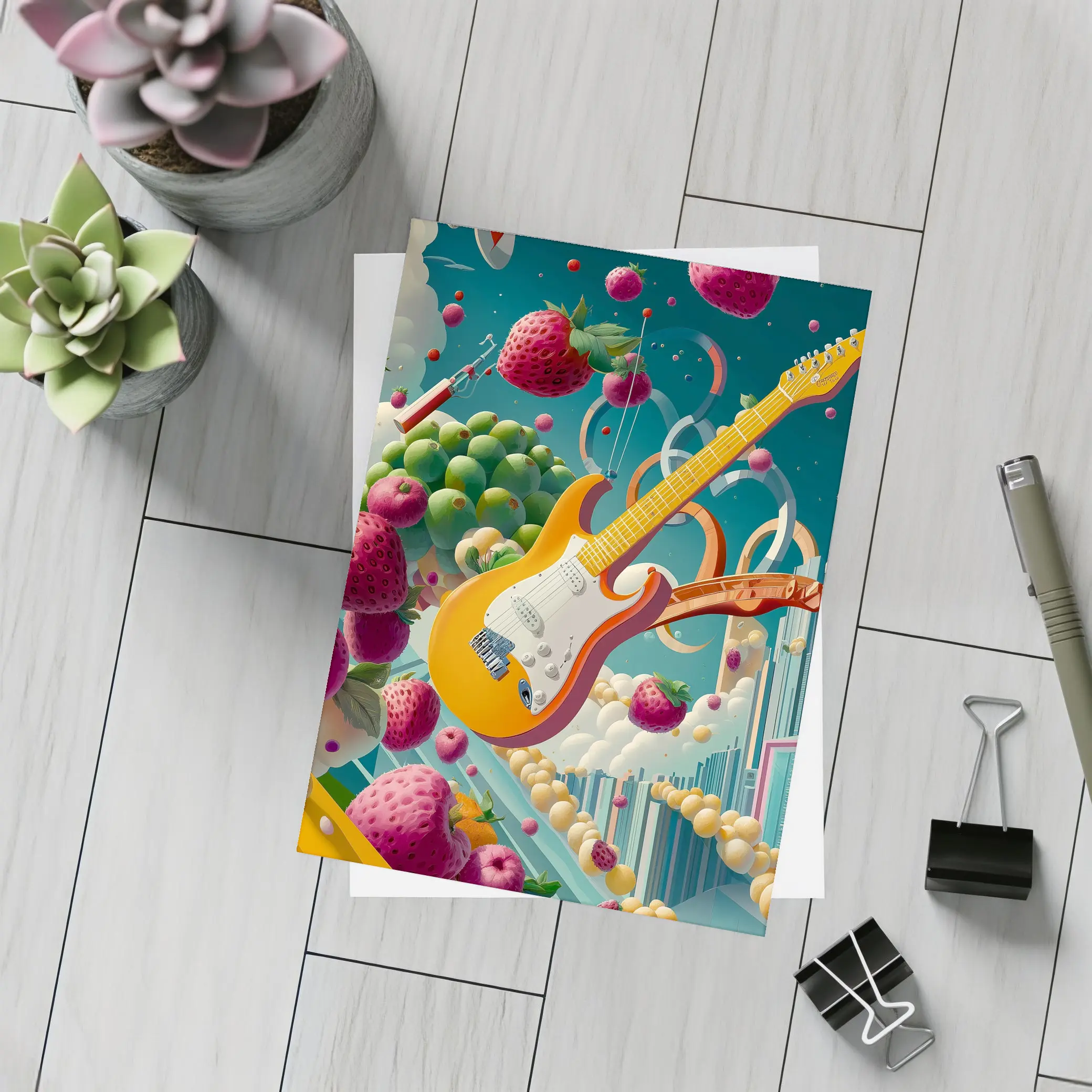 Electric Guitar Floating Surreal Fruit Cityscape – Postcards