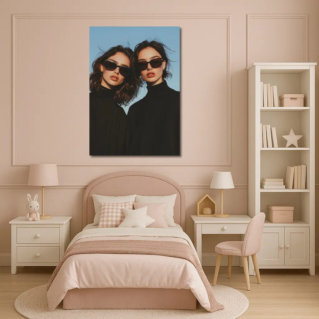 Two Women Black Turtlenecks Sunglasses Blue Sky – Wall Art