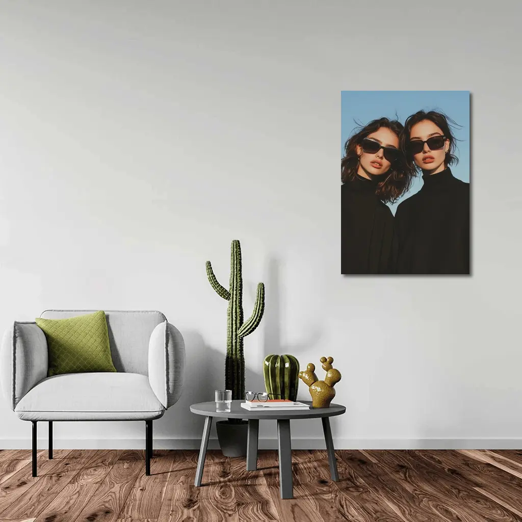 Two Women Black Turtlenecks Sunglasses Blue Sky – Wall Art