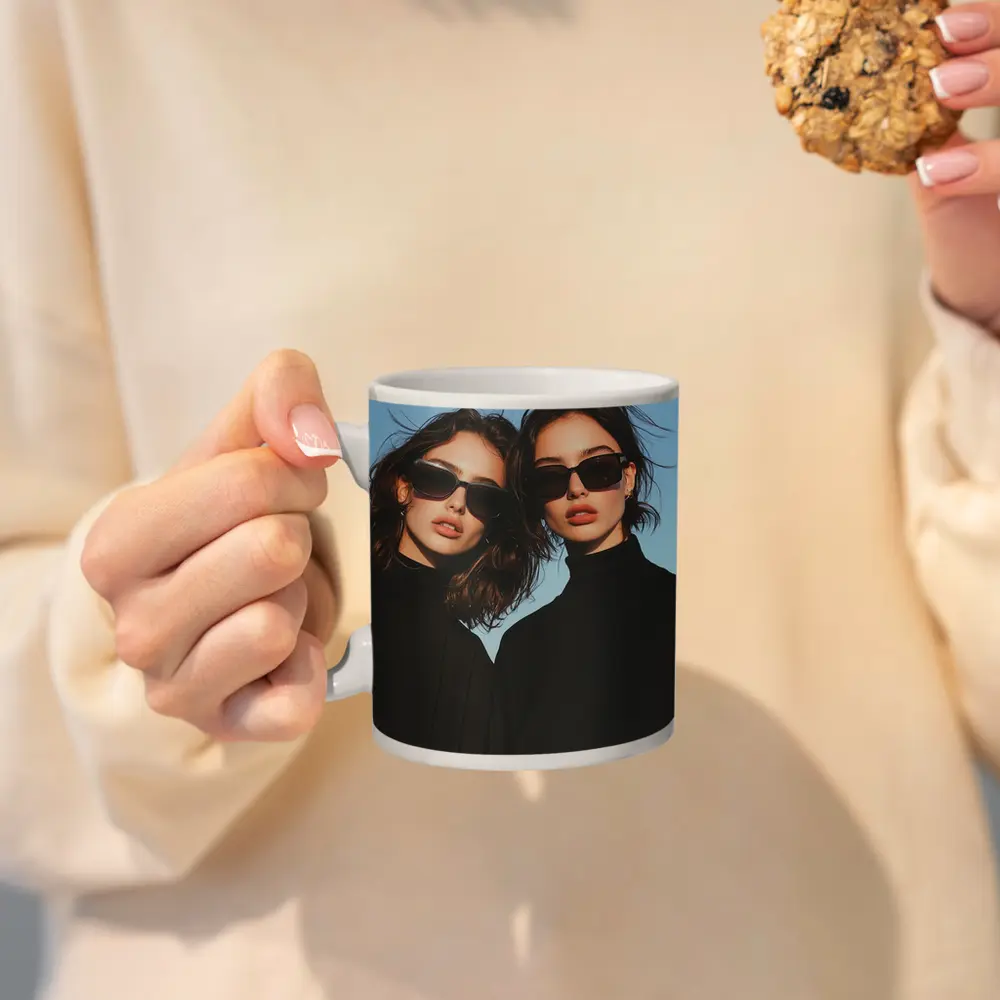 Two Women Black Turtlenecks Sunglasses Blue Sky – Mugs