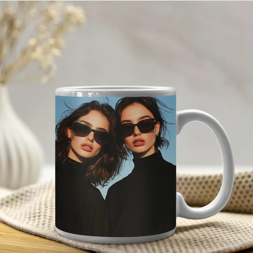Two Women Black Turtlenecks Sunglasses Blue Sky – Mugs