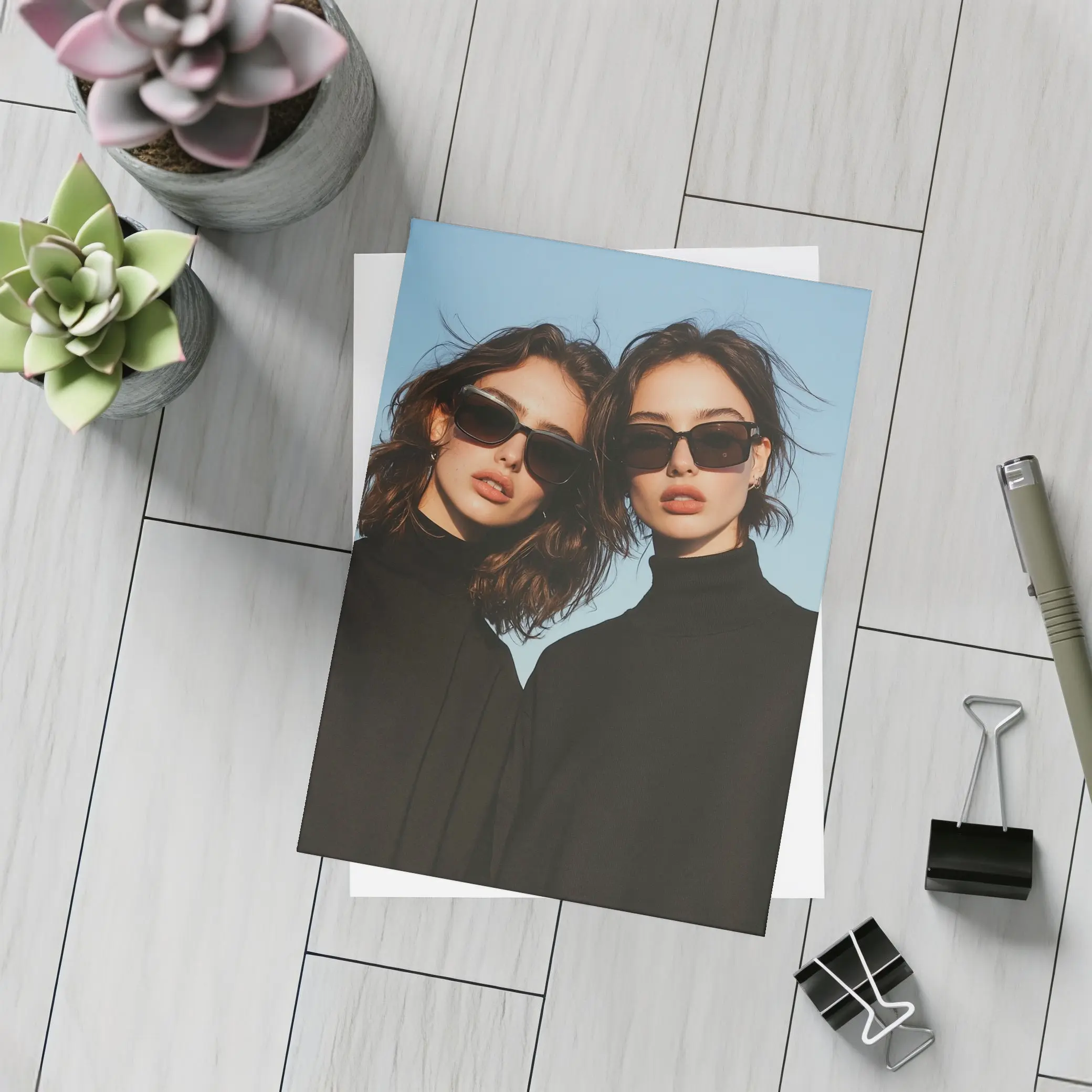 Two Women Black Turtlenecks Sunglasses Blue Sky – Postcards