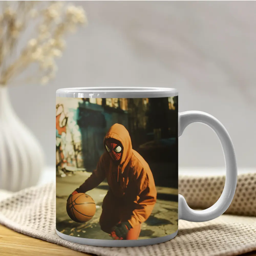Spider-Man Dribbling Basketball On Urban Street – Mugs