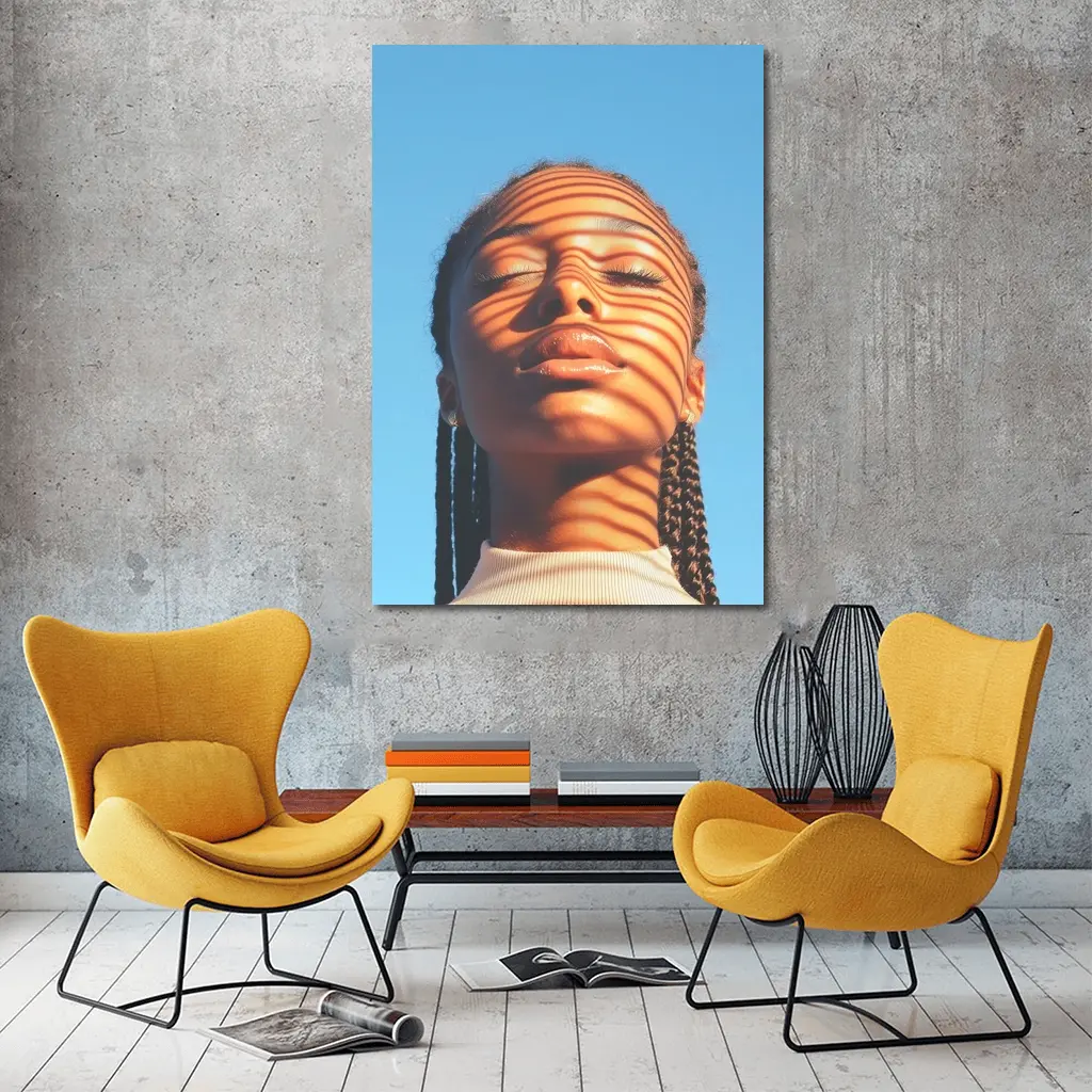 Woman With Shadow Stripes Blue Sky – Wall Art