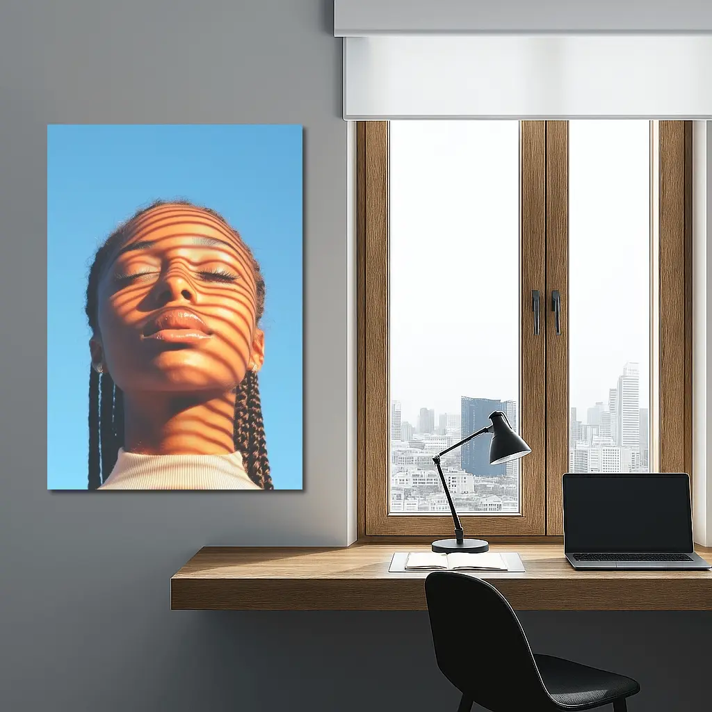 Woman With Shadow Stripes Blue Sky – Wall Art