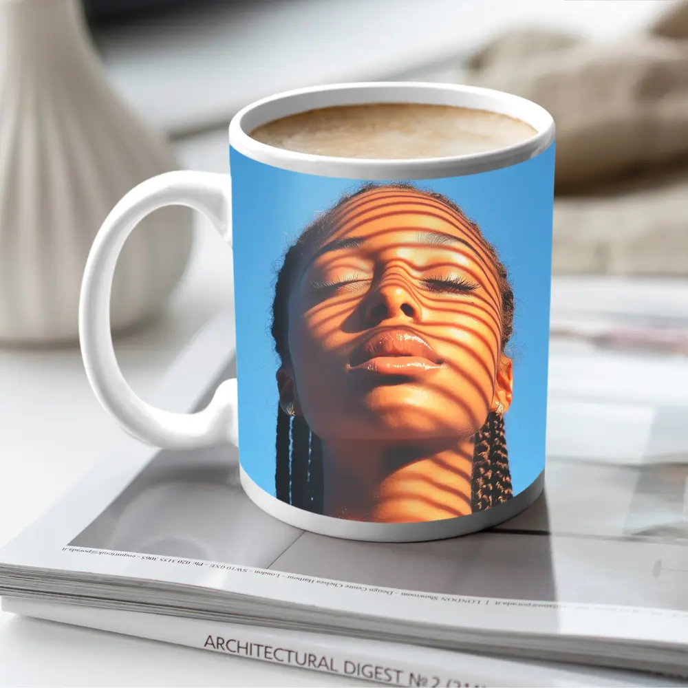 Woman With Shadow Stripes Blue Sky – Mugs