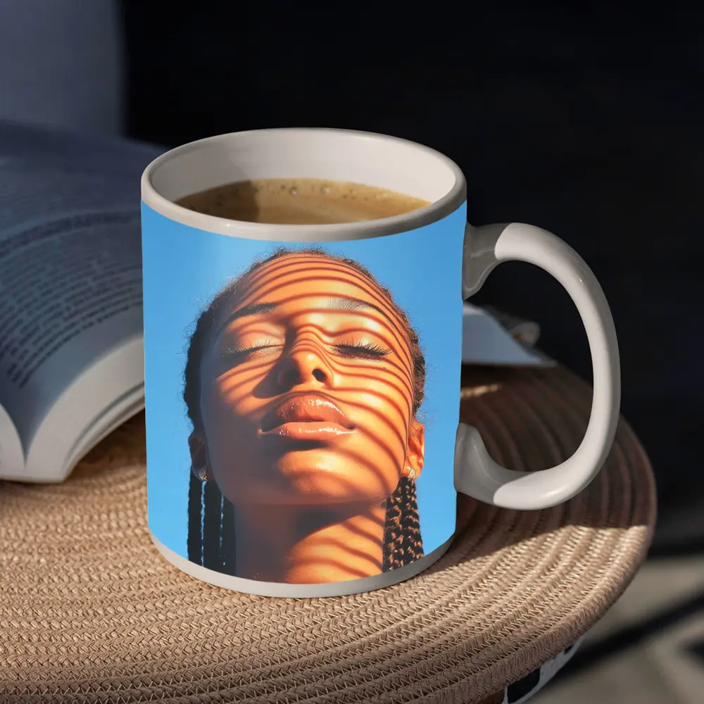 Woman With Shadow Stripes Blue Sky – Mugs