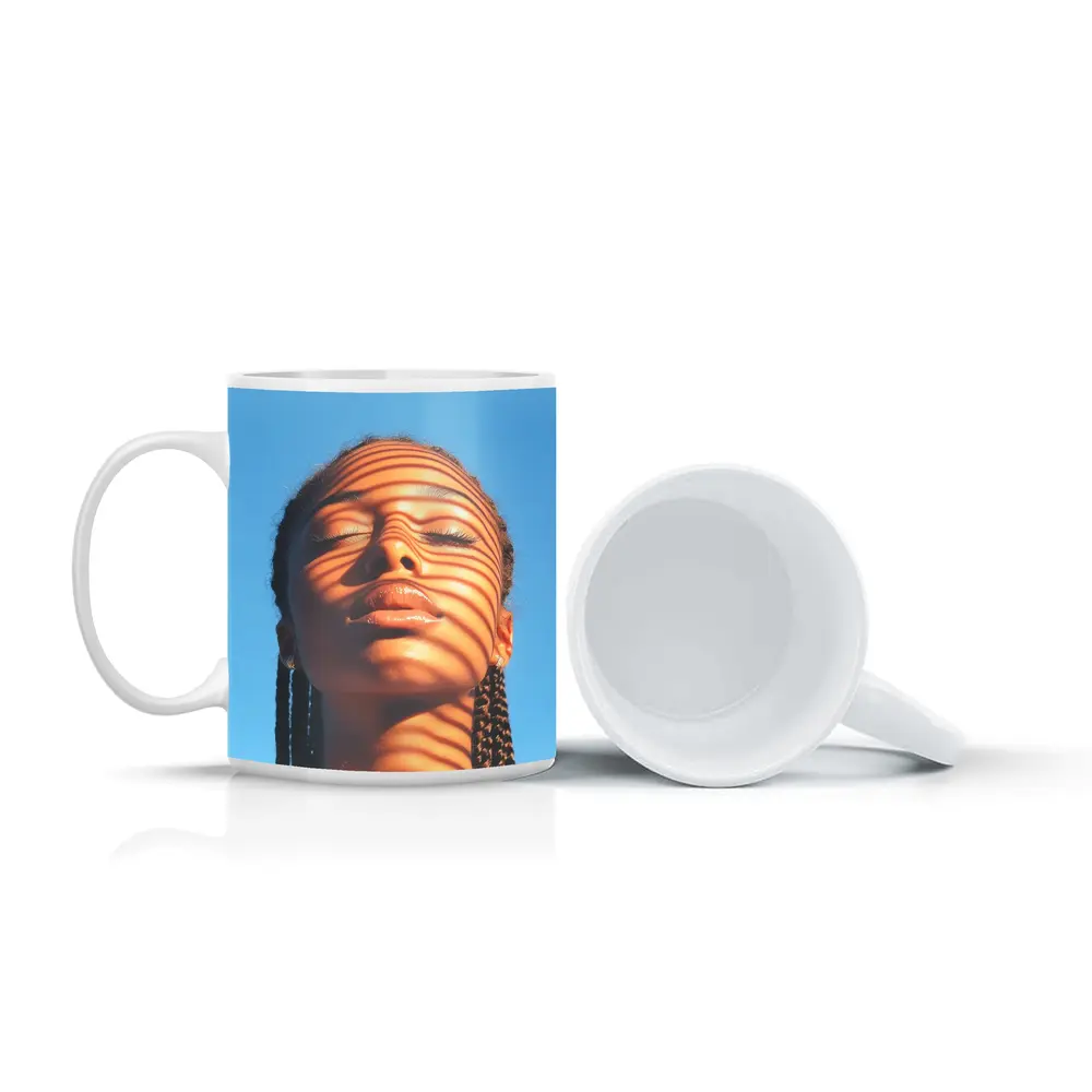 Woman With Shadow Stripes Blue Sky – Mugs