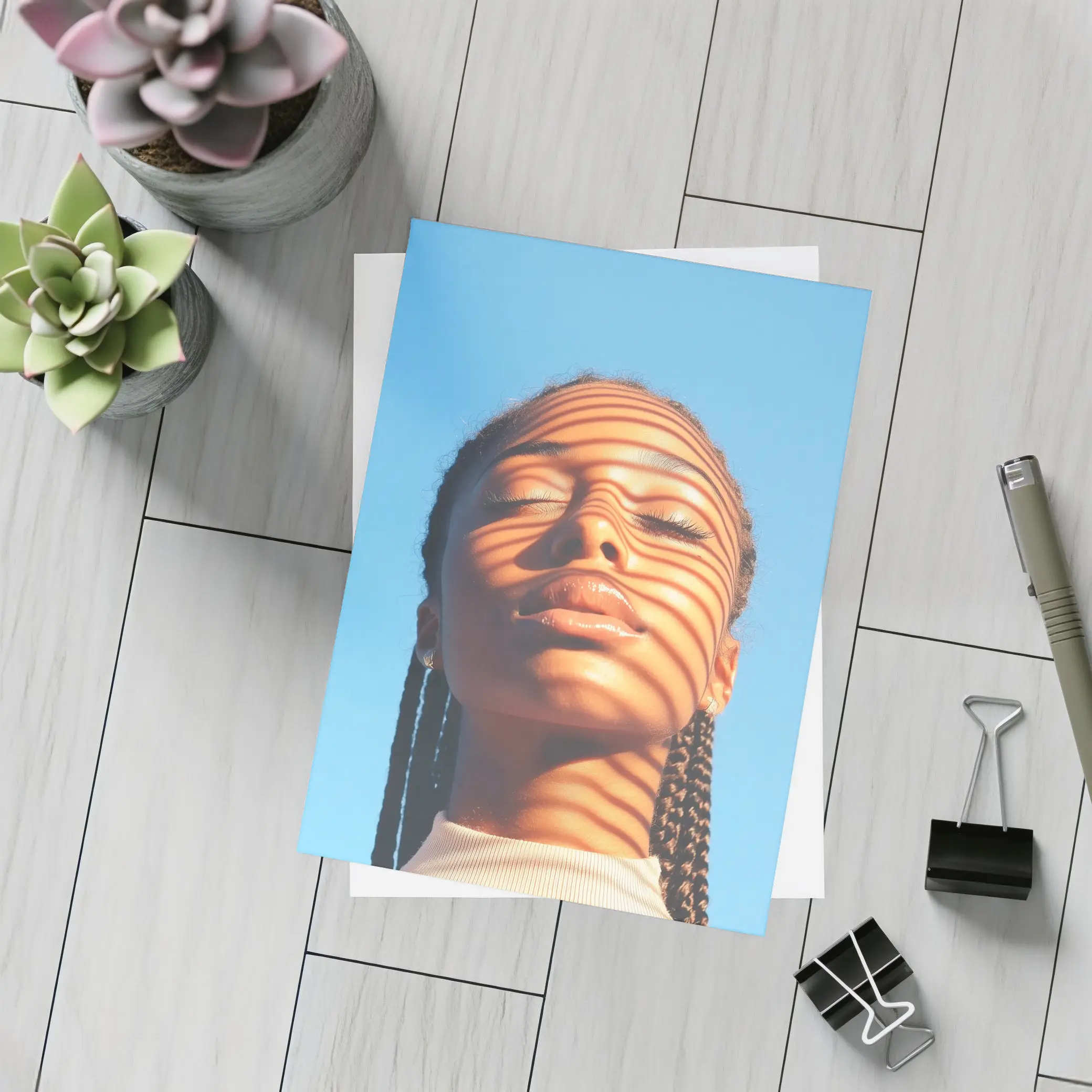 Woman With Shadow Stripes Blue Sky – Postcards