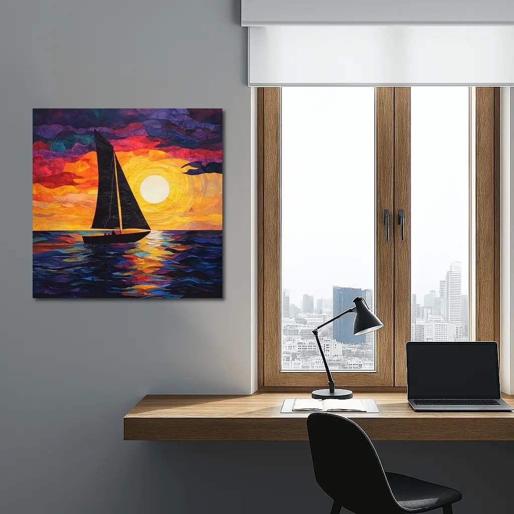 Sailboat Silhouette Collage Art Ocean Sunset – Wall Art