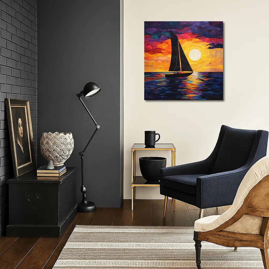Sailboat Silhouette Collage Art Ocean Sunset – Wall Art