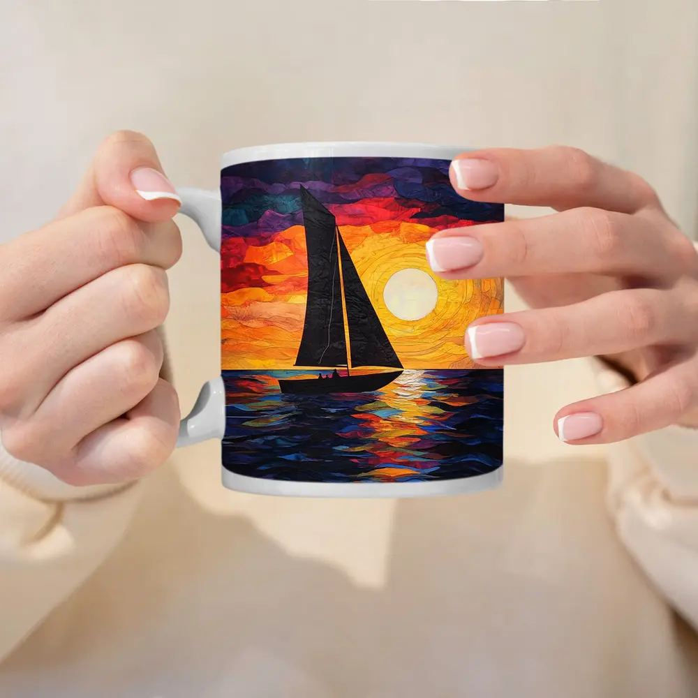 Sailboat Silhouette Collage Art Ocean Sunset – Mugs