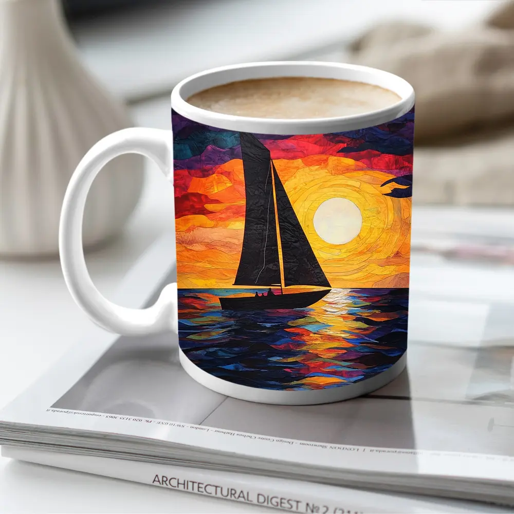Sailboat Silhouette Collage Art Ocean Sunset – Mugs