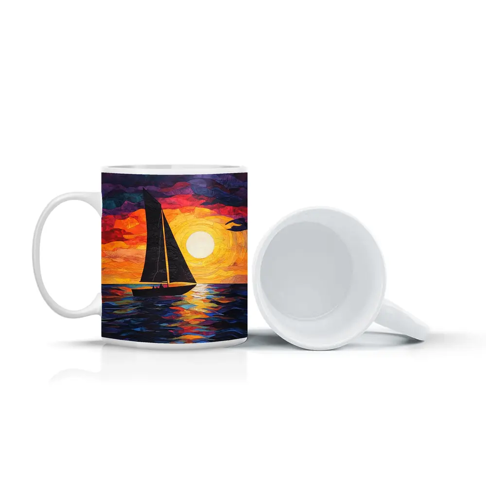 Sailboat Silhouette Collage Art Ocean Sunset – Mugs