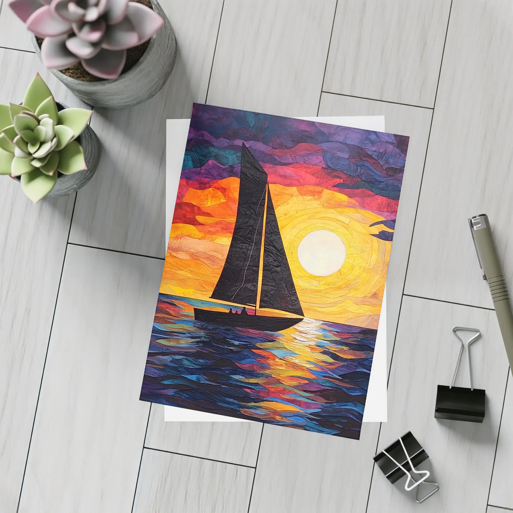 Sailboat Silhouette Collage Art Ocean Sunset – Postcards
