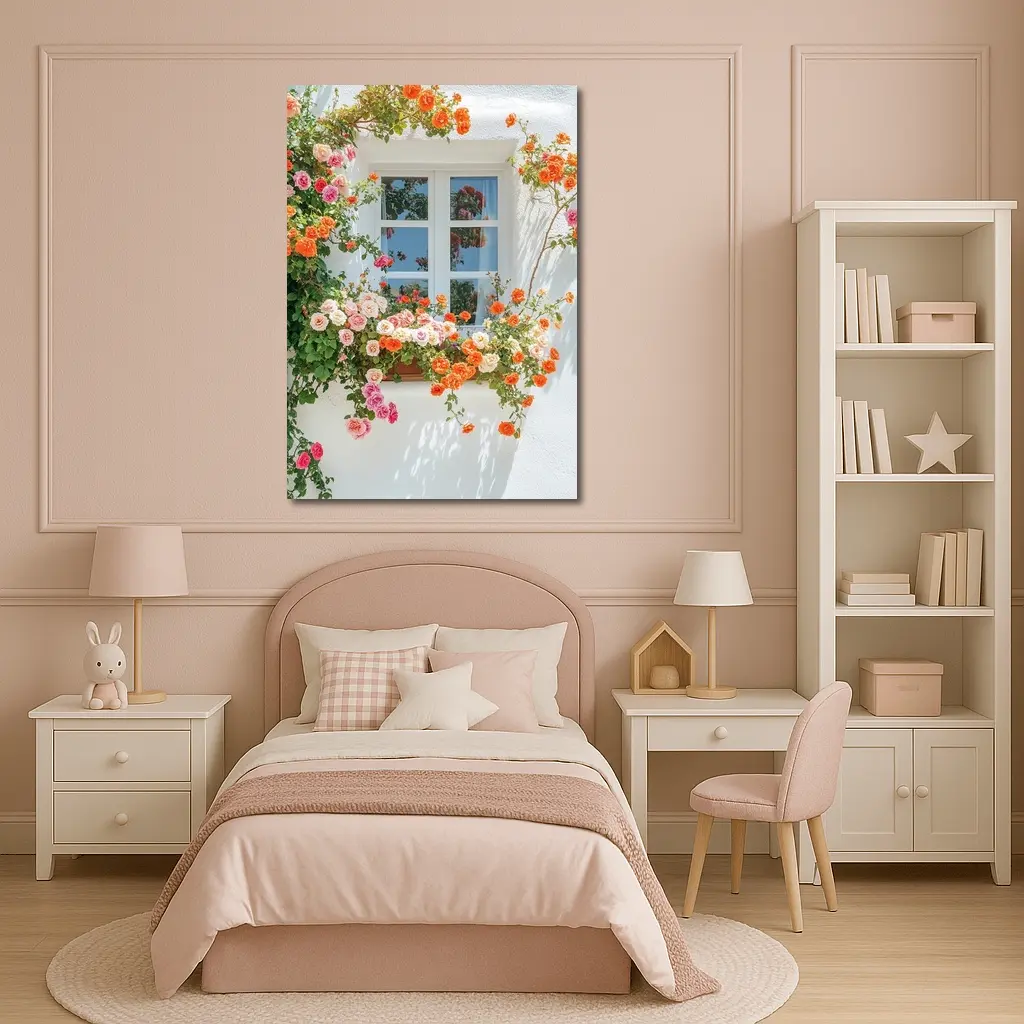 Orange Pink Roses Climbing White Wall Window – Wall Art