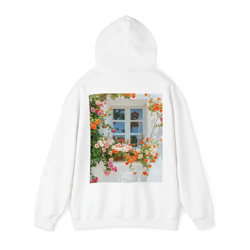 Orange Pink Roses Climbing White Wall Window – Hoodies