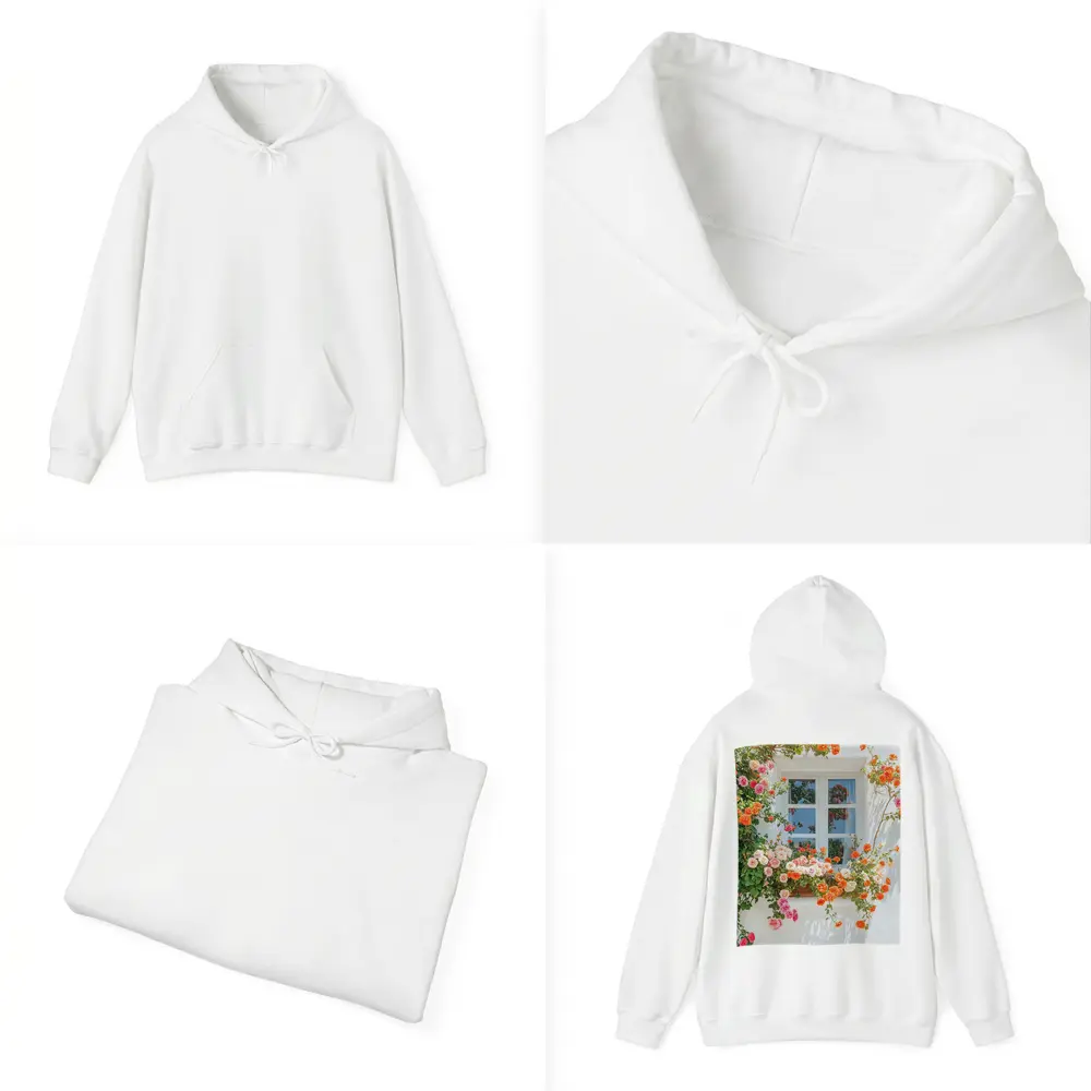 Orange Pink Roses Climbing White Wall Window – Hoodies