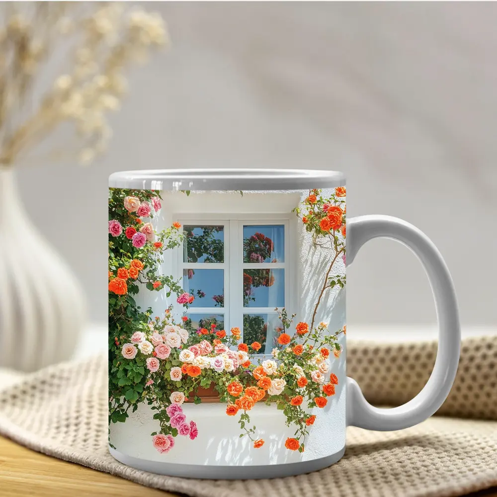 Orange Pink Roses Climbing White Wall Window – Mugs
